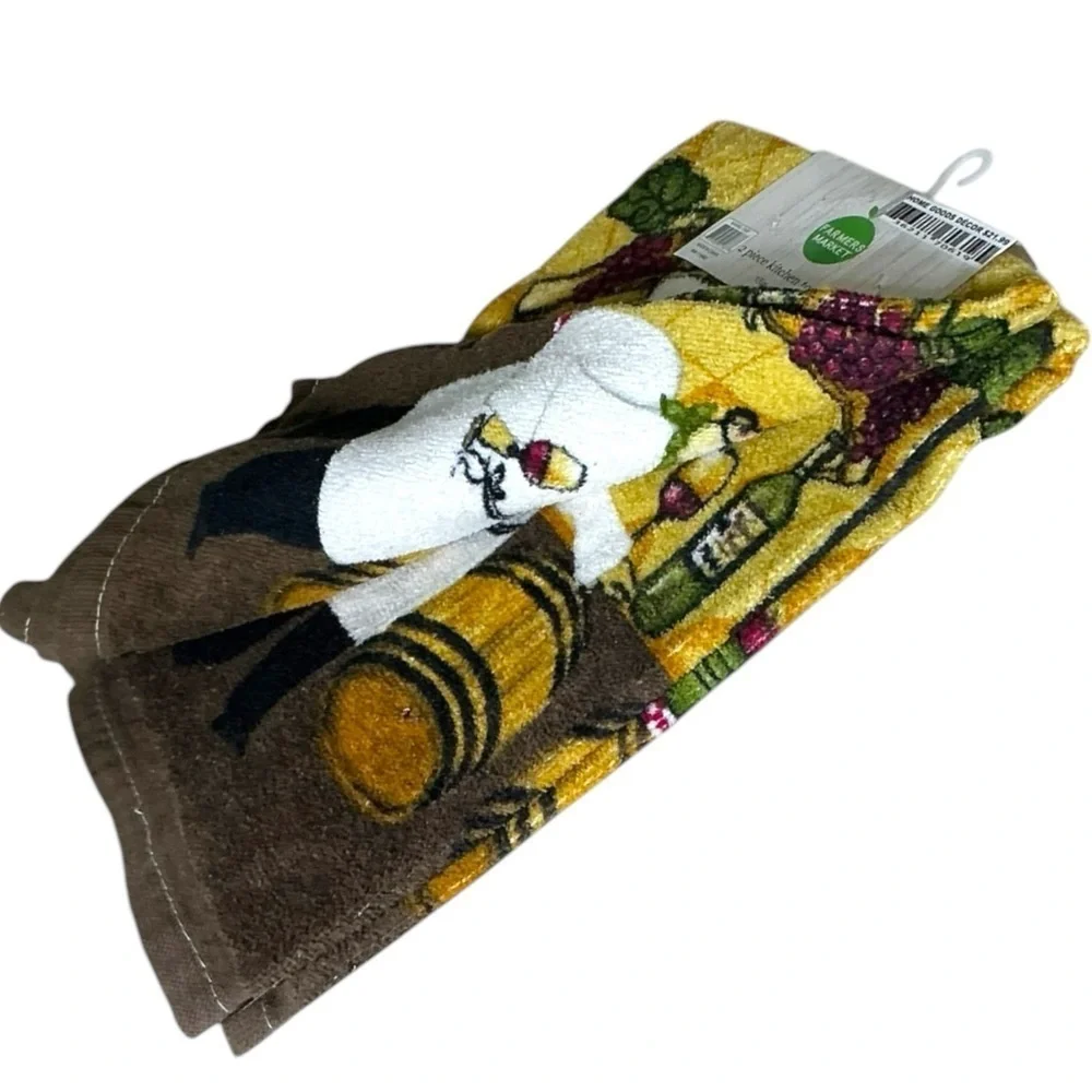 Farmers Market Kitchen Towels Wine Barrel Chef Cotton Velour Terry Set 2 Pieces